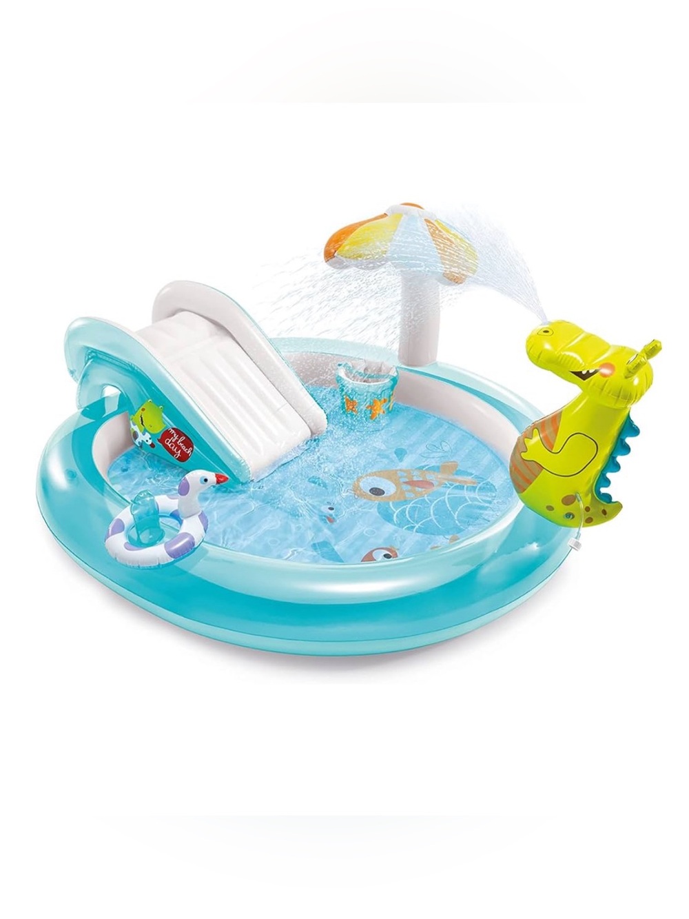 Colorful Inflatable Dino Splash Pool with Slide - Blue